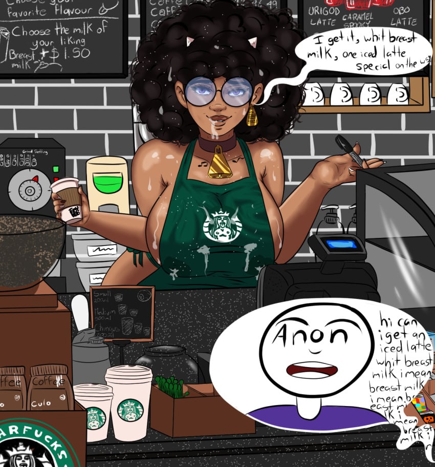 1girls anon apron big_breasts black_hair cow_horns dark-skinned_female dark_skin english_text faceless_male female female_focus huge_breasts iced_latte_with_breast_milk meme naked_apron original original_character speech_bubble text tonynoob voluptuous