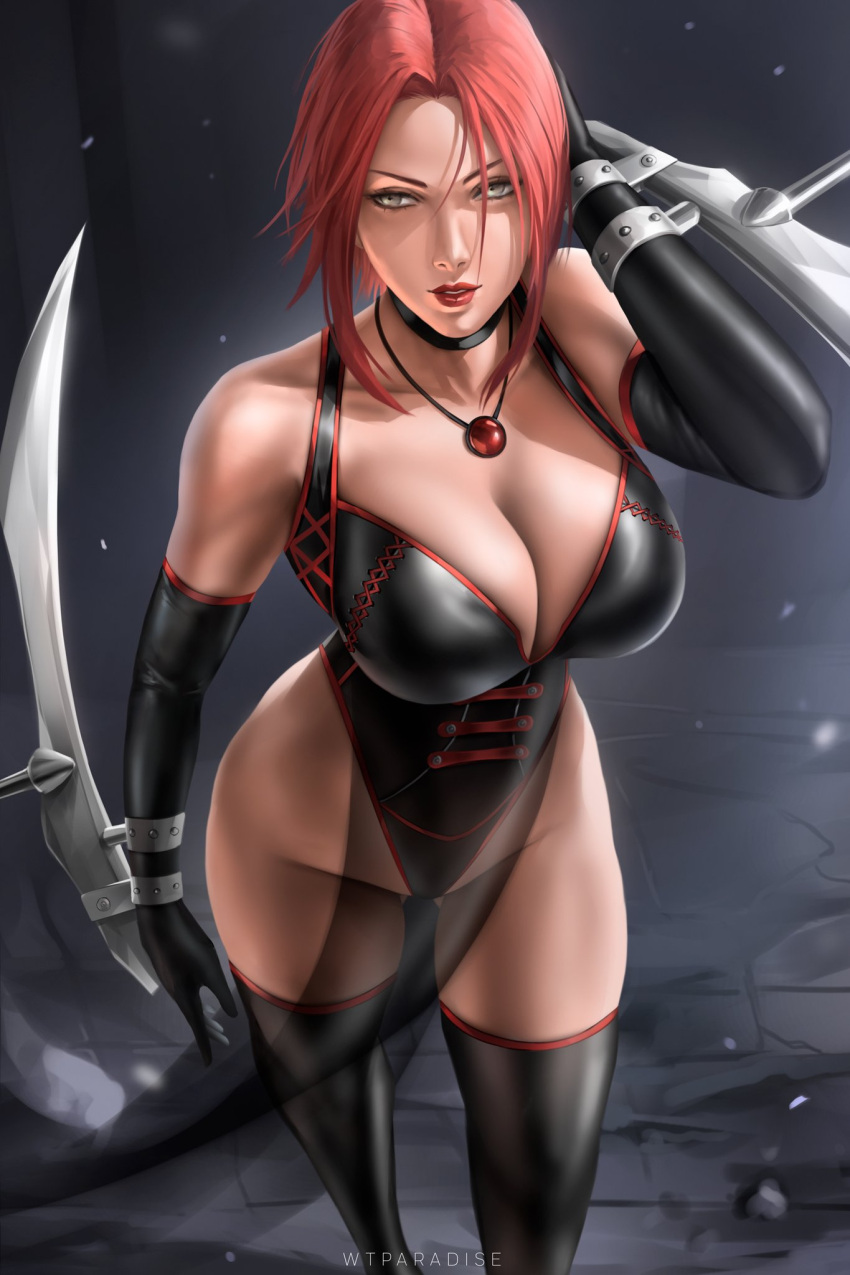 1girls bare_shoulders bloodrayne cleavage female gloves large_breasts leotard medium_hair necklace rayne red_hair red_lipstick solo standing thighhighs we1cometoparadiseart weapon welcometoparadise wtparadise