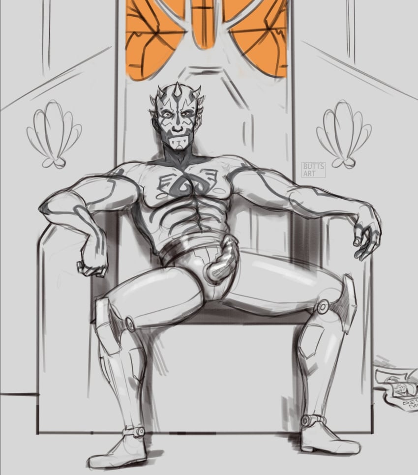 butts_art chair darth_maul erection horns male male_only nipples nude presenting_penis robot_penis robotic_legs sitting sketch solo solo_focus solo_male star_wars throne throne_room wanted_poster zabrak