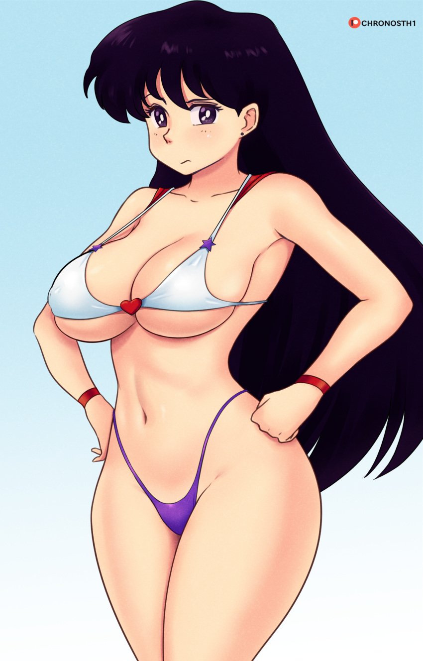 1girls :s armpit_peek big_breasts bikini bishoujo_senshi_sailor_moon breasts busty child_bearing_hips chronosth1 cleavage curvy female female_only gummslime hands_on_hips highres large_breasts legs long_hair looking_at_viewer navel pose purple_eyes purple_hair rei_hino sensual solo swimsuit thick_thighs thighs thong_bikini underboob voluptuous