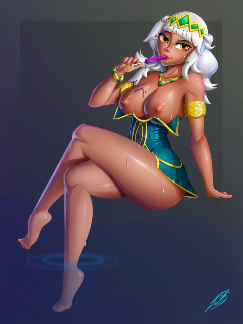 1girls alluring-taili athletic_female blush breasts_out brown_eyes dark-skinned_female foot_in_water league_of_legends legs_crossed looking_at_viewer medium_breasts nipple_piercing partially_clothed piercing popsicle qiyana_yunalai simple_background sitting sweat thick_thighs tiara white_hair