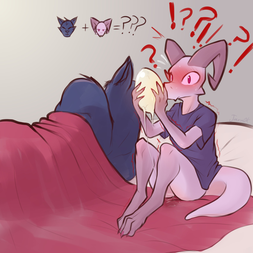 absurd_res anthro anthro_only bed blush bodily_fluids bottomless canid canid_humanoid canine canis clothed clothing duo egg egg_from_pussy egg_laying female furniture genital_fluids hetero hi_res interspecies jarnqk kobold lya_(jarnqk) male male/female male_werewolf mammal nervous no_humans oblivious partially_clothed pussy_juice shaking shivering shocked sitting sleeping sleeping_peacefully vagina werewolf wolf wolf_humanoid