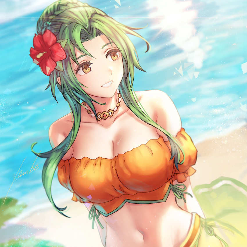 1girls alternate_costume anbe_yoshirou bangs bare_shoulders bikini breasts brown_eyes cleavage collarbone commentary_request day elincia_ridell_crimea elincia_ridell_crimea_(summer) female female_only fire_emblem fire_emblem:_path_of_radiance fire_emblem:_radiant_dawn fire_emblem_heroes flower green_hair hair_bun hair_flower hair_ornament highres jewelry large_breasts long_hair looking_away medium_breasts navel necklace nintendo ocean official_alternate_costume orange_bikini orange_swimsuit outdoors parted_lips puffy_short_sleeves puffy_sleeves shore short_sleeves shoulders simple_background smile solo stomach strapless strapless_bikini swimsuit upper_body water