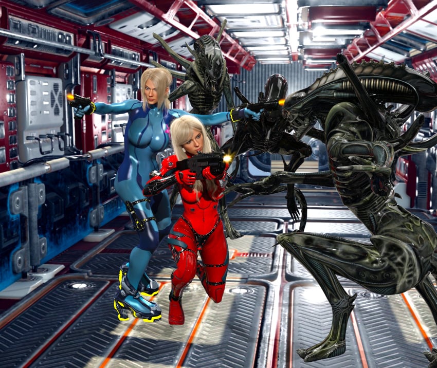 3d agent_26 alien_(franchise) blonde_hair female fighting gun metroid samus_aran that3dartist xenomorph