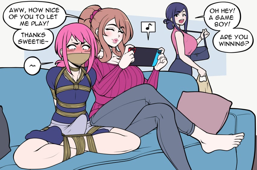 1boy 2girls barefoot big_breasts bondage bound breasts brown_hair bulge celine_(jam-orbital) dialogue erect_penis erection erection_under_clothes feet femboy femdom gag gagged hi_res jam-orbital malesub nintendo_switch oc original_character pillow pink_hair purple_hair restrained rope rope_bondage sofa speech_bubble text tied tied_up