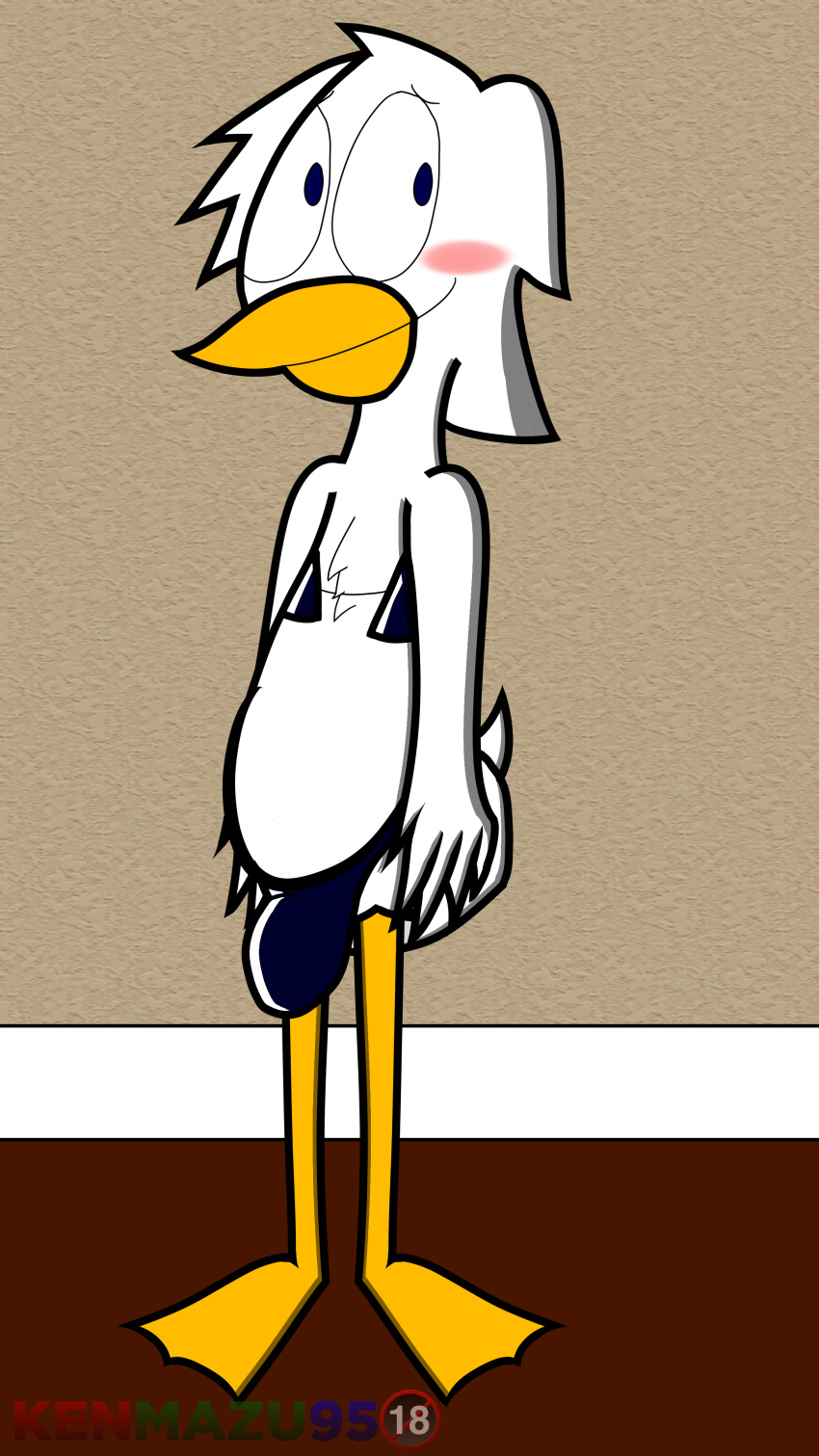 almost_naked avian belly bird blush bra bulge butt_from_the_front charlie_panera crossdressing crossdressing_male duck embarrassed femboy kenmazu95 mostly_nude nervous no_humans non-human orange_beak thong toony white_feathers