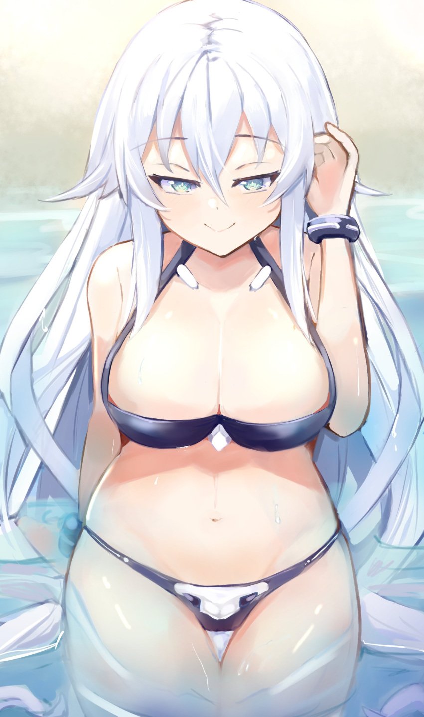 1girls big_breasts bikini bimmy black_heart breasts busty child_bearing_hips cleavage curvy green_eyes hips large_breasts legs light-skinned_female light_skin long_hair looking_at_viewer naughty_face navel neptunia_(series) noire smile solo solo_female swimsuit thick_thighs thigh_gap thighs very_long_hair water wet white_hair