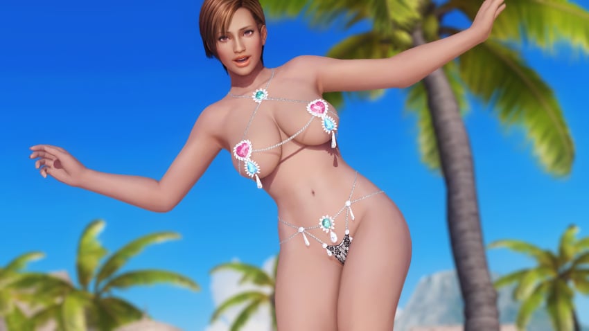 1girls 3d bikini blurry_background brown_eyes brown_hair dark-skinned_female dead_or_alive dead_or_alive_5 dead_or_alive_5_last_round doahdm female female_only gravure_studio highres lisa_hamilton looking_at_viewer navel palm_tree revealing_swimsuit short_hair summer thighs venus_bikini