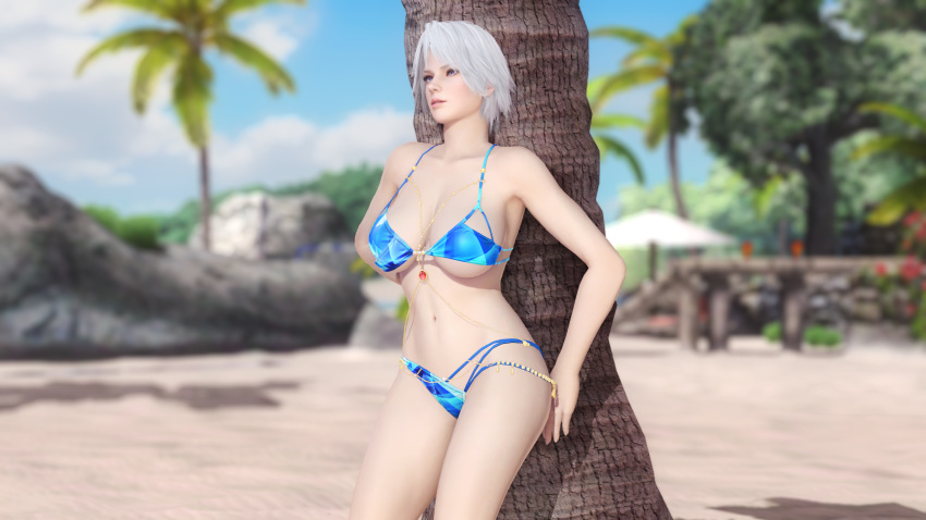 1girls 3d blue_bikini blue_swimsuit blurry_background breasts christie_(doa) dead_or_alive dead_or_alive_5 dead_or_alive_5_last_round doahdm female female_only gravure_studio grey_eyes highres large_breasts light-skinned_female navel palm_tree short_hair summer thighs white_hair