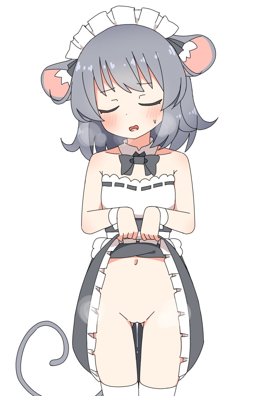 alternate_costume animal_ears ass_visible_through_thighs bangs blush bow bowtie breath closed_eyes collar commentary cowboy_shot detached_collar dress enmaided female flat_chest grey_bow grey_bowtie grey_dress grey_hair highres lifted_by_self maid maid_headdress mouse_ears mouse_girl mouse_tail navel nazrin nihohohi pussy pussy_juice short_hair simple_background solo strapless strapless_dress tail thighhighs touhou two-tone_dress white_background white_collar white_dress white_legwear wrist_cuffs