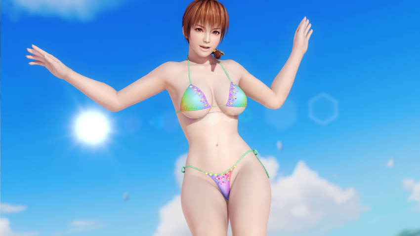 1girls 3d bikini blue_sky breasts brown_eyes brown_hair dead_or_alive dead_or_alive_5 doahdm female female_only gravure_studio highres kasumi_(doa) kunoichi light-skinned_female multicolored_bikini navel ninja_gaiden side-tie_bikini summer sun thighs