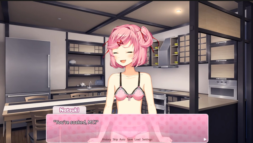 1girls a_month_with_natsuki blush bra bra_strap doki_doki_literature_club english_text female female_only natsuki_(doki_doki_literature_club) out_of_context pink_eyes pink_hair solo text the_bike underwear wholesome