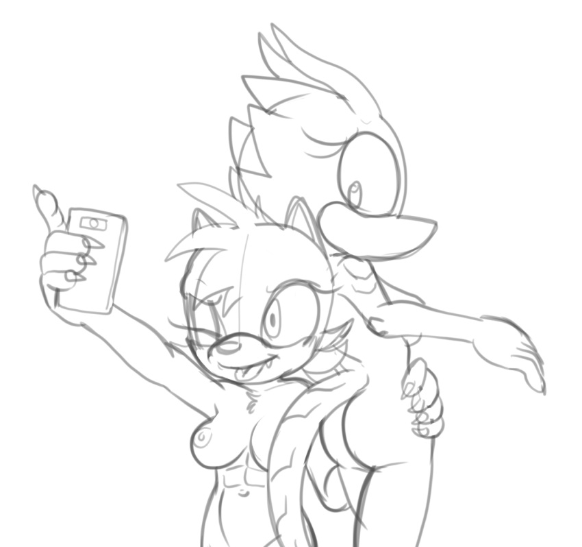 anthro ass duo ellie_the_wolf female female/female fours_(artist) looking_at_another looking_at_cellphone looking_at_object looking_at_partner looking_at_phone monochrome nude sega selfie sketch skitter_the_gecko sonic_(series) sonic_the_hedgehog_(series)