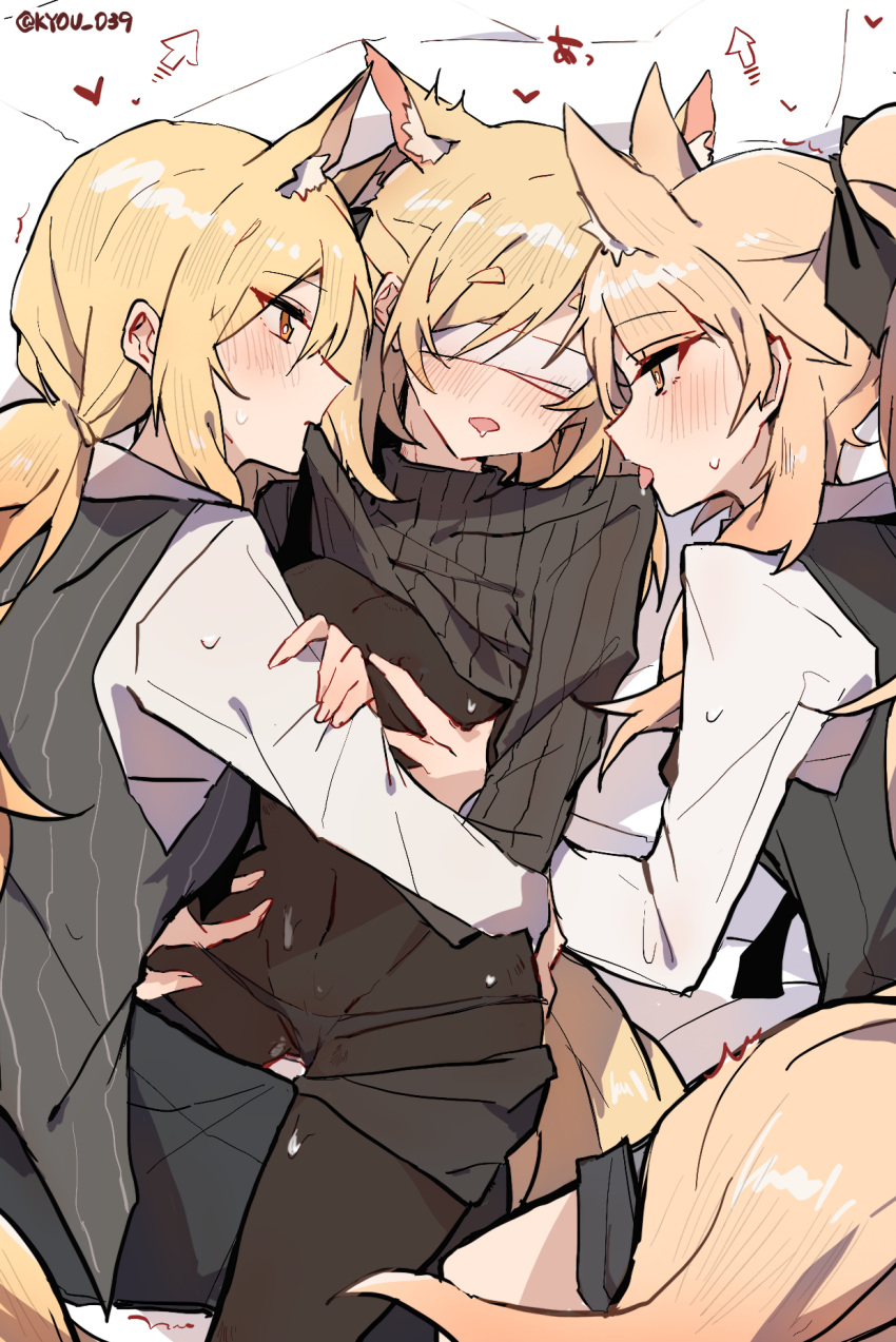 3girls animal_ear_fluff animal_ears arknights arrow_(symbol) aunt_and_niece black_bodysuit black_sweater blemishine_(arknights) blindfold blonde_female blonde_hair bodysuit commentary eyebrows_visible_through_hair fff_threesome group_incest group_sex heart highres horse_ears horse_girl horse_tail incest kyou_039 long_hair long_sleeves multiple_girls navel nearl_(arknights) panties panties_under_bodysuit saliva siblings sisters sweat sweater tail threesome tongue tongue_out twitter_username underwear whislash_(arknights) yuri