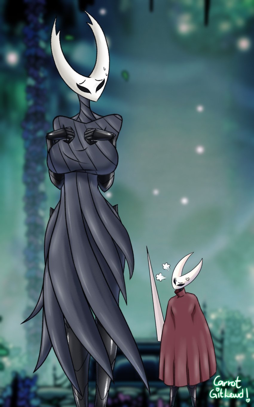 2girls alternate_version_available big_breasts black_body breasts cape carrotgitlewd cloak female female_only hollow_knight hornet_(hollow_knight) hourglass_figure humanoid incest large_breasts no_humans protagonist_(hollow_knight) red_cape siblings size_difference vessel_(species)