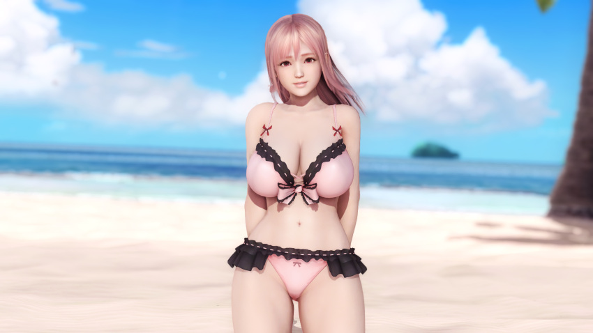 1girls 3d blue_sky breasts dead_or_alive dead_or_alive_5 doahdm female female_only frills gravure_studio highres honoka_(doa) large_breasts long_hair looking_at_viewer navel pink_bikini pink_eyes pink_hair pink_swimsuit smile summer