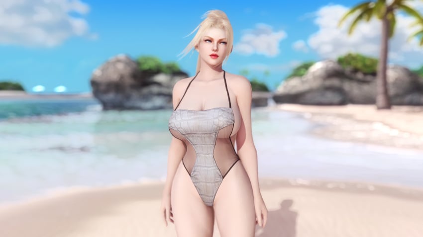 1girls 3d beach blonde_hair blue_sky blurry_background breasts dead_or_alive dead_or_alive_5 dead_or_alive_5_last_round doahdm female female_only gravure_studio highres large_breasts long_hair looking_away ninja_gaiden one-piece_swimsuit palm_tree ponytail rachel_(ninja_gaiden) red_lipstick sidelocks summer swimsuit