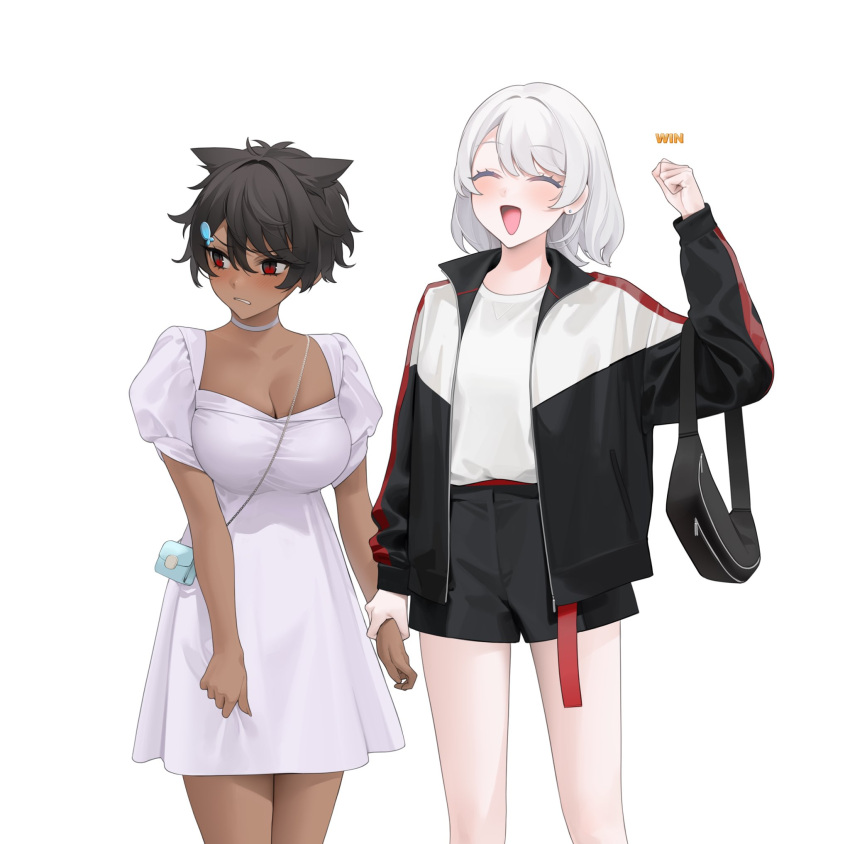 2girls albino bag bangs black_hair breasts choker cleavage clothes_swap dark-skinned_female dress embarrassed female female_only hair_ears hair_ornament highres holding_hands jacket large_breasts micchan_(ohisashiburi) multiple_girls nacchan_(ohisashiburi) ohisashiburi open_mouth original original_character original_characters pink_eyes red_eyes short_hair shorts simple_background smile tomboy very_short_hair white_background white_hair wholesome win yuri