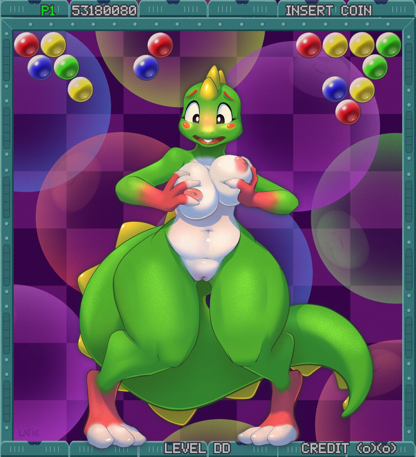 2016 anthro big_breasts blush breast_grab breasts bub_(bubble_bobble) bubble_bobble buckteeth curvy_figure dragon female game_screen gameplay_mechanics gender_transformation genitals green_body green_scales hand_on_breast hi_res implied_transformation knock-kneed littlenapoleon looking_down mtf_crossgender nude pussy rule_63 scalie solo spikes standing taito teeth tgwonder thick_tail thick_thighs transformation user_interface video_games voluptuous wide_hips