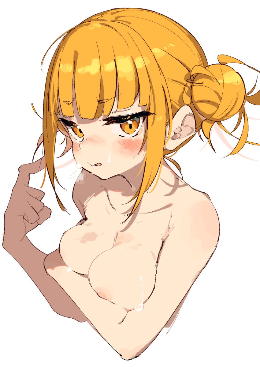 absurdres bangs blonde_hair blunt_bangs blush breasts completely_nude eyebrows_visible_through_hair female hair_bun highres himiko_toga looking_at_viewer medium_breasts my_hero_academia nipples nude rasusurasu short_hair simple_background single_hair_bun solo upper_body white_background yellow_eyes