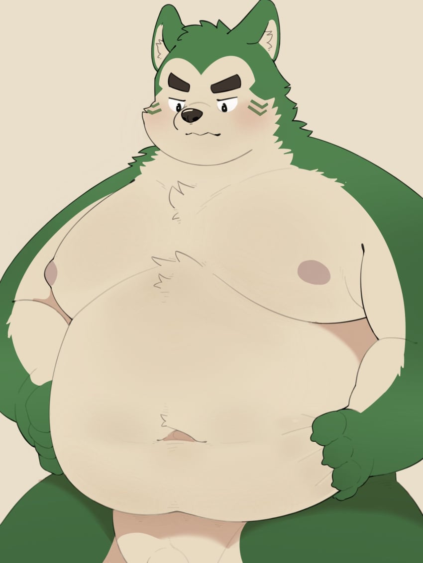 2022 anthro belly big_belly black_nose blush canid canine canis domestic_dog genitals green_body haoming hi_res kemono lifewonders live-a-hero male mammal mokdai moobs navel nipples overweight overweight_male penis simple_background solo video_games