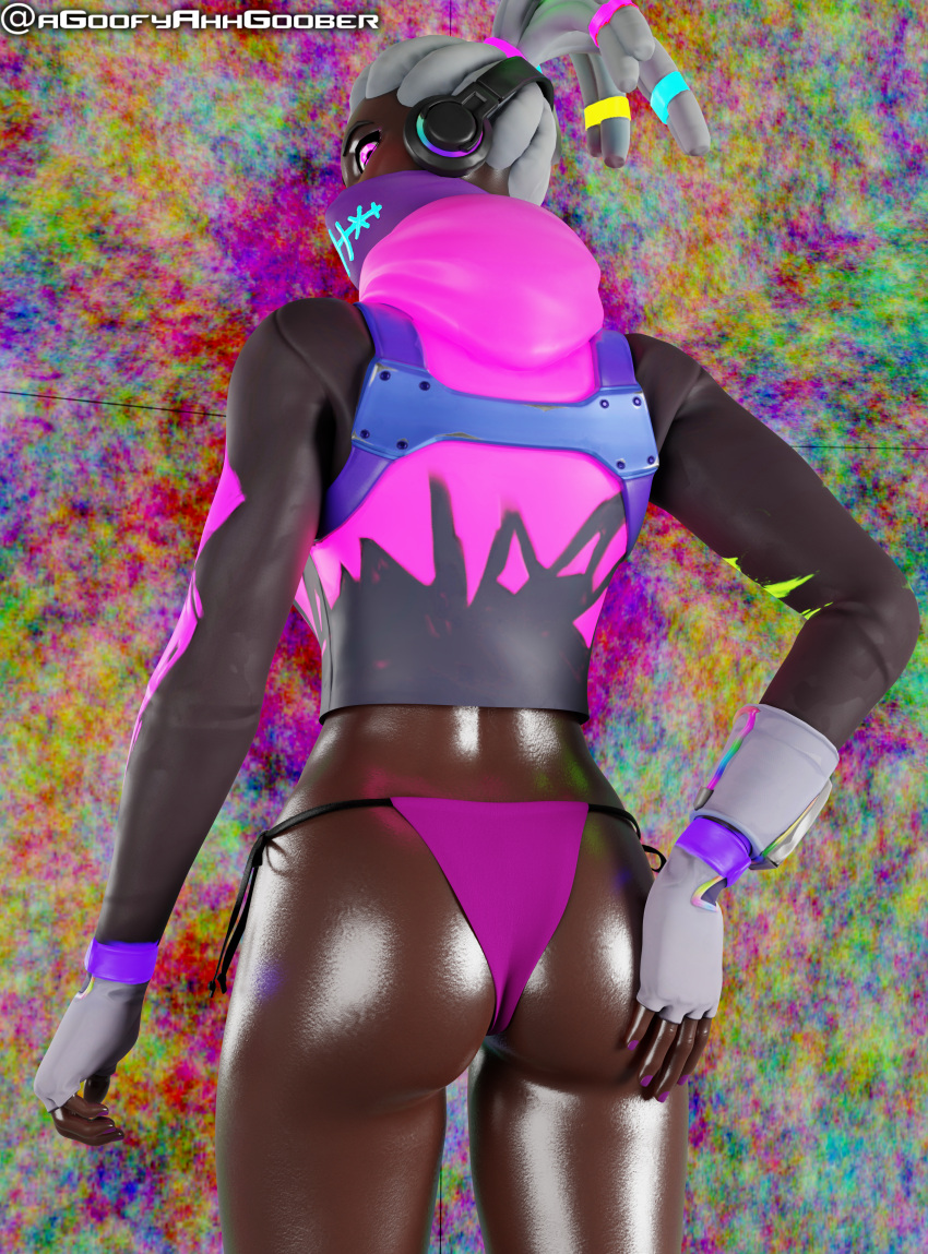 3d 3d_(artwork) blender color colorful dark-skinned_female dark_skin fortnite fortnite:_battle_royale headphones komplex_(fornite) neon neon_lights ns1124 pink_eyes white_hair