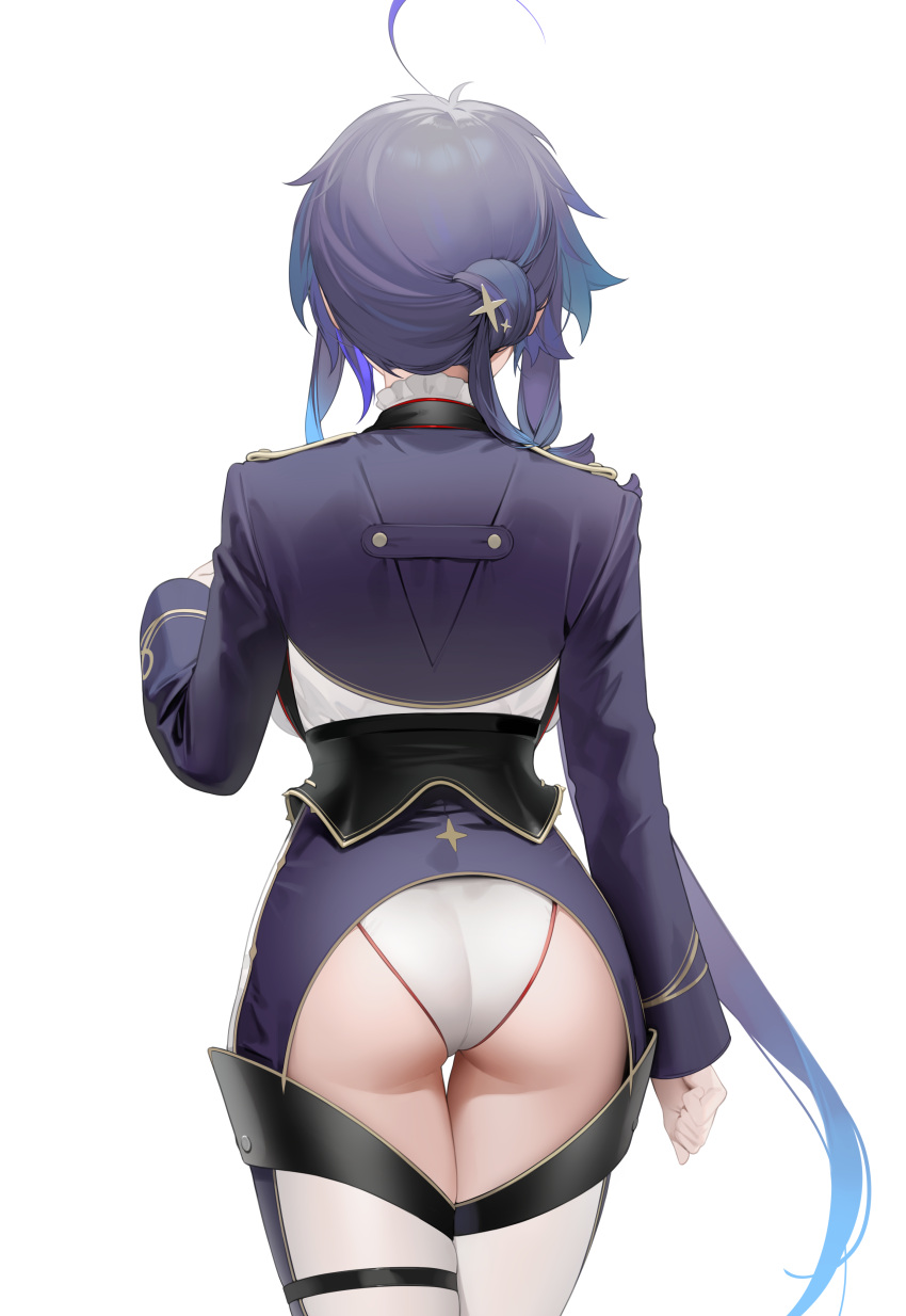 1girls absurdres alternate_costume ass asymmetrical_hair azur_lane back_view backboob breasts clothing_cutout female female_only foch_(azur_lane) foch_(majestic_majordomo)_(azur_lane) from_behind gradient_hair highres jacket leotard light-skinned_female light_skin long_hair long_sleeves multicolored_hair official_alternate_costume ohisashiburi purple_hair purple_jacket simple_background solo thighhighs uniform vichya_dominion_(azur_lane) white_background white_leotard