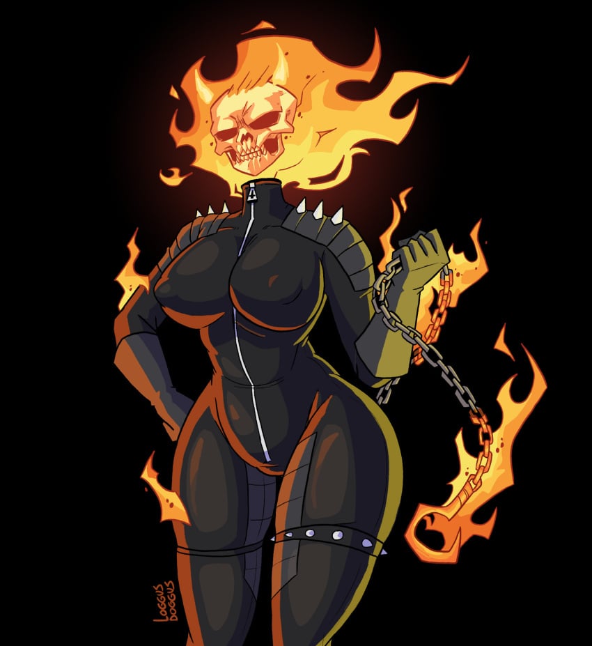 1girls bodysuit chains demon female fire ghost_rider latex loggus_doggus marvel marvel_comics nipple_bulge nipples on_front rule_63 shiny_clothes skintight skintight_bodysuit skull skull_head spandex spikes superhero superheroine whip