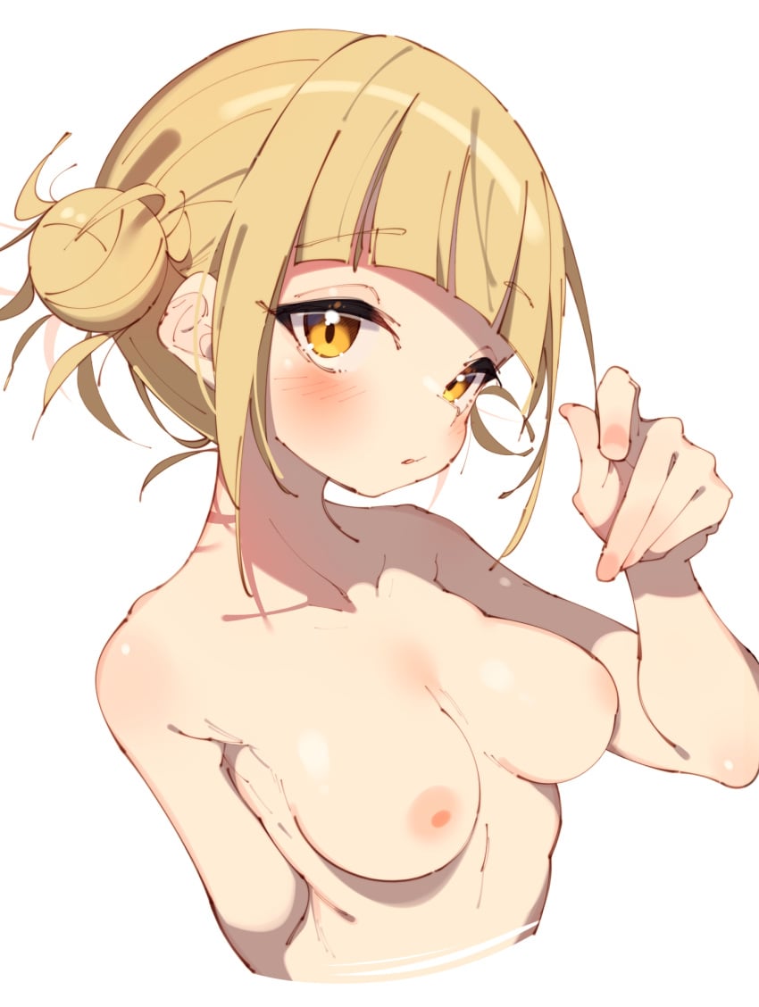 bangs blonde_hair blush breasts completely_nude eyebrows_visible_through_hair female hair_bun highres himiko_toga looking_at_viewer medium_breasts my_hero_academia nipples nude rasusurasu short_hair simple_background single_hair_bun solo upper_body white_background yellow_eyes