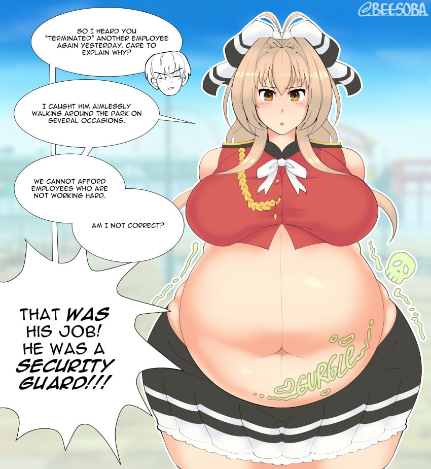 1boy 1girls after_vore amagi_brilliant_park bbw beesoba big_breasts brown_hair chubby digestion digestion_noises english_text female female_focus kanie_seiya male miniskirt obese obese_female overweight overweight_female plump post_vore ribbon sento_isuzu signature stockings tagme thick_thighs vore weight_gain wide_hips yellow_eyes