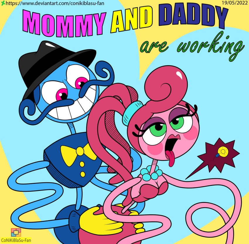 blue_mustache blue_skin conikiblasu-fan daddy_long_legs_(poppy_playtime) green_eyes impregnation mommy_long_legs ovum pink_hair pink_skin poppy_playtime purple_eyes sex smile sperm_cell top_hat yellow_bowtie