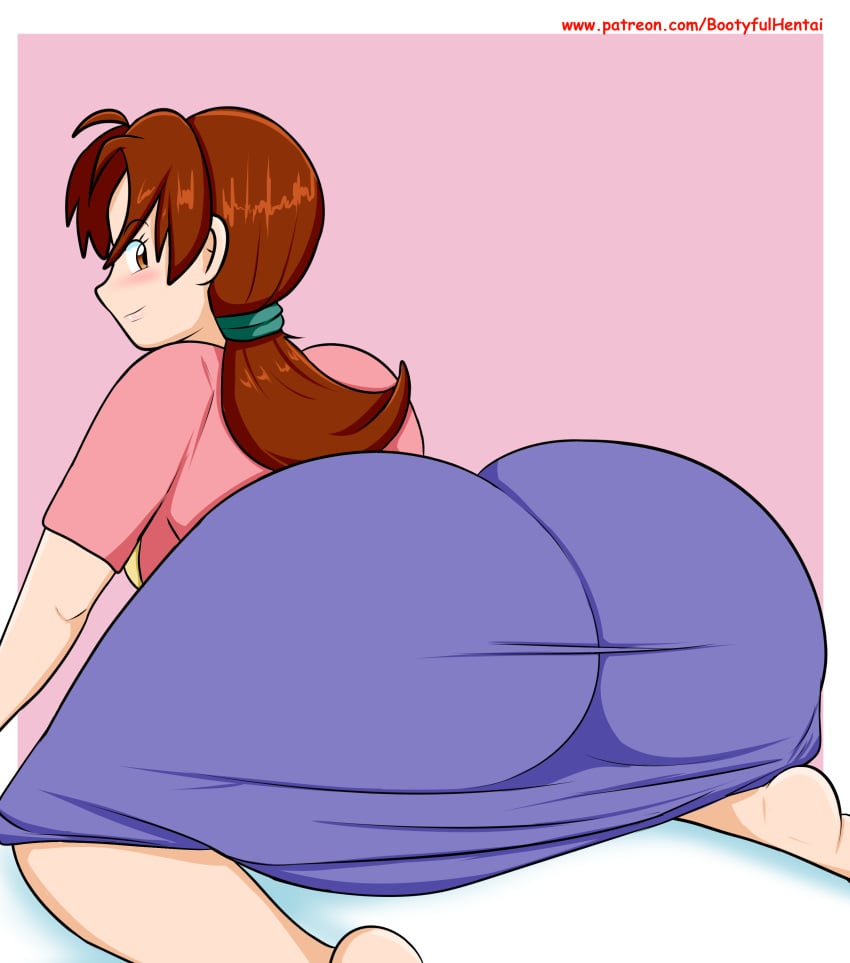 1girls ass ass_in_dress big_ass blaze_(artist) brown_hair bubble_butt bxblazexd clothing dat_ass delia_ketchum_(pokemon) dress_inside_ass female female_only huge_ass looking_at_viewer looking_back milf mother nintendo pokemon shirt skirt smile solo