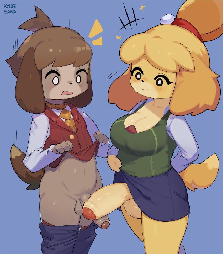 2022 absurd_res animal_crossing anthro balls bottomwear bottomwear_down breasts brother brother_and_sister canid canine canis cleavage clothed clothing digby_(animal_crossing) digital_media_(artwork) domestic_dog duo emanata foreskin futa_is_bigger futanari genitals gynomorph hi_res honeycalamari humanoid_genitalia humanoid_penis intersex isabelle_(animal_crossing) male mammal nintendo open_mouth opposite_sex_twins pants pants_down partially_clothed penis penis_awe penis_size_difference shih_tzu sibling simple_background sister sister_is_bigger straight toy_dog video_games