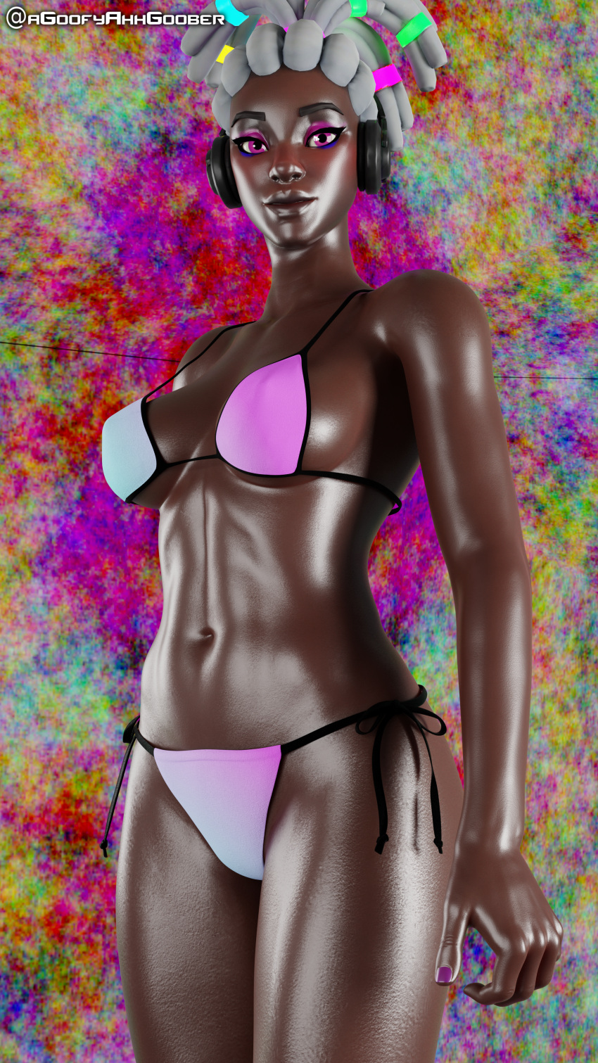 3d 3d_(artwork) bikini blender color colorful dark-skinned_female dark_skin fortnite fortnite:_battle_royale headphones komplex_(fornite) neon neon_lights ns1124 pink_eyes shiny_skin white_hair