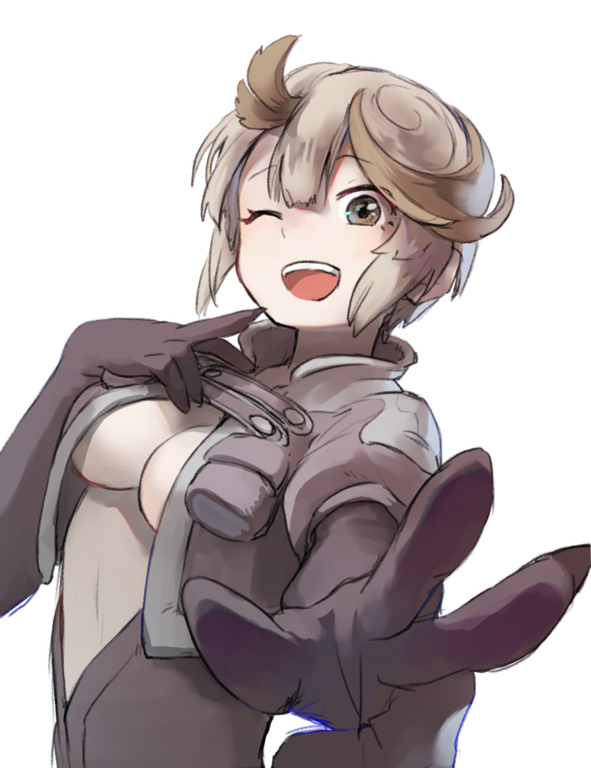 ahoge black_gloves bodysuit brown_eyes brown_hair cleavage female female_only gloves jumpsuit light_brown_hair looking_at_viewer made_in_abyss medium_breasts no_bra open_clothes open_mouth short_hair smile solo tepasté v wink zattairattt