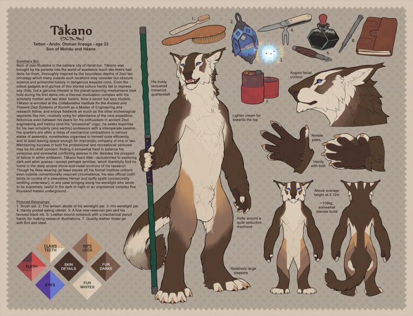 2020 5_fingers 5_toes animal_genitalia anthro blue_eyes book brush claws english_text feet felid fingers fluffy_chest fully_sheathed genitals ink lamp lantern male mammal model_sheet neck_tuft nude pawpads paws pen penis sheath snowskau solo staff takano tetton text toes tuft