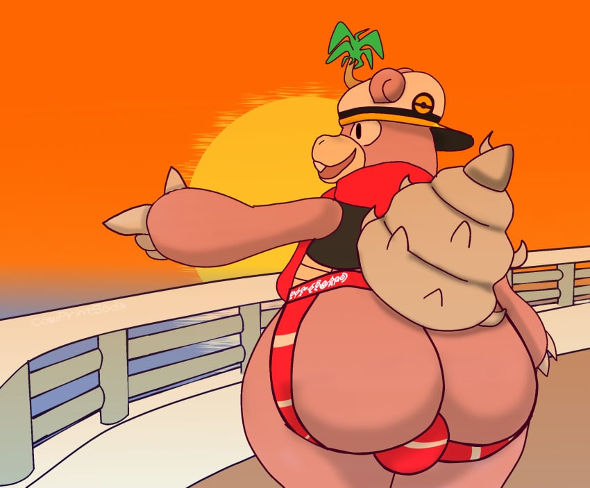 anthro ass balls big_butt boat bulge captain's_hat character_cipher clothing cowprintsoda fictional_language genitals gesture hi_res jockstrap male male_only nintendo pointing pokemon poseidon_(cowprintsoda) presenting presenting_hindquarters sailing sea shell ship_deck slowbro solo sunset text training_style_slowbro underwear unown unown_text vehicle video_games water watercraft