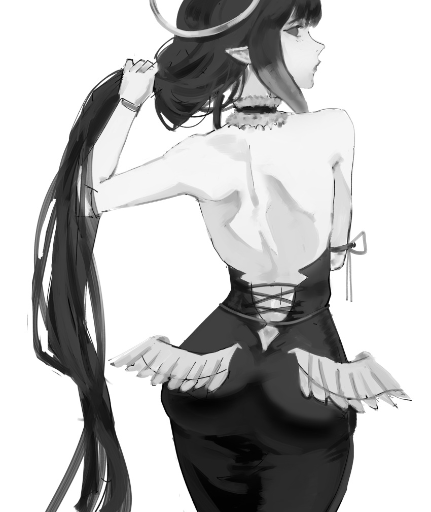 ass back back_view bare_back dress greyscale halo hololive hololive_en hololive_english hololive_myth holomyth looking_at_viewer looking_back looking_back_at_viewer ninomae_ina'nis pointy_ears virtual_youtuber white_background xyanaid