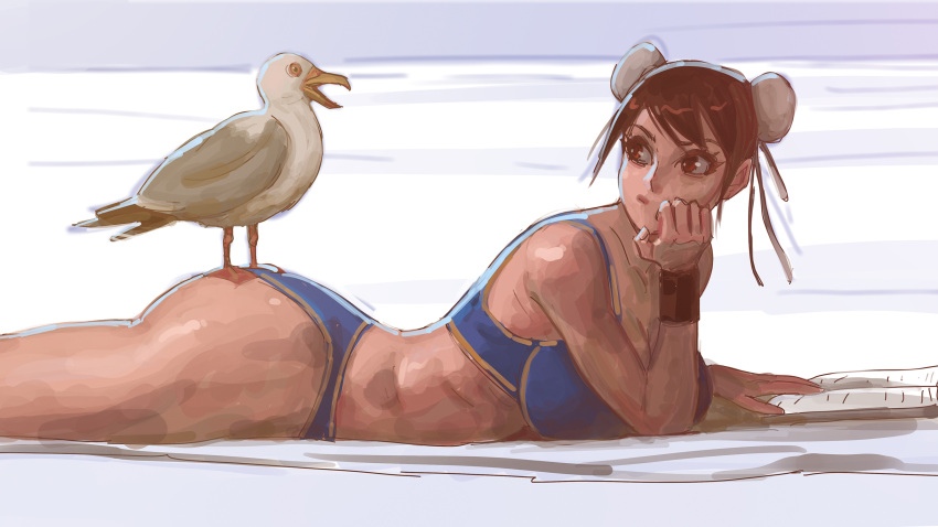 beach casual chun-li davecavedraws laying_on_stomach street_fighter the_pose