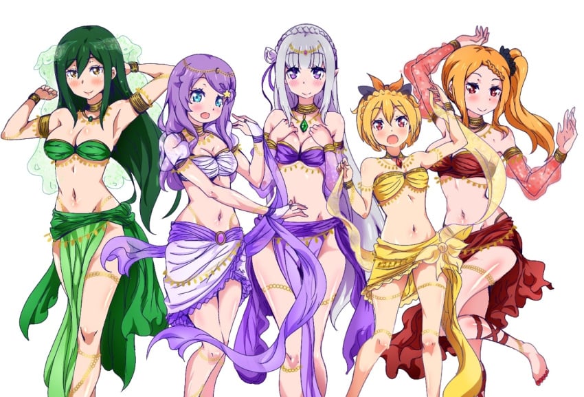 5girls anastasia_hoshin arabian arabian_clothes bare_legs bare_shoulders belly_dancer belly_dancer_outfit crusch_karsten emilia_(re:zero) felt_(re:zero) female female_only harem harem_girl harem_outfit human midriff multiple_girls navel priscilla_barielle re:zero_kara_hajimeru_isekai_seikatsu tatigami translucent_clothing