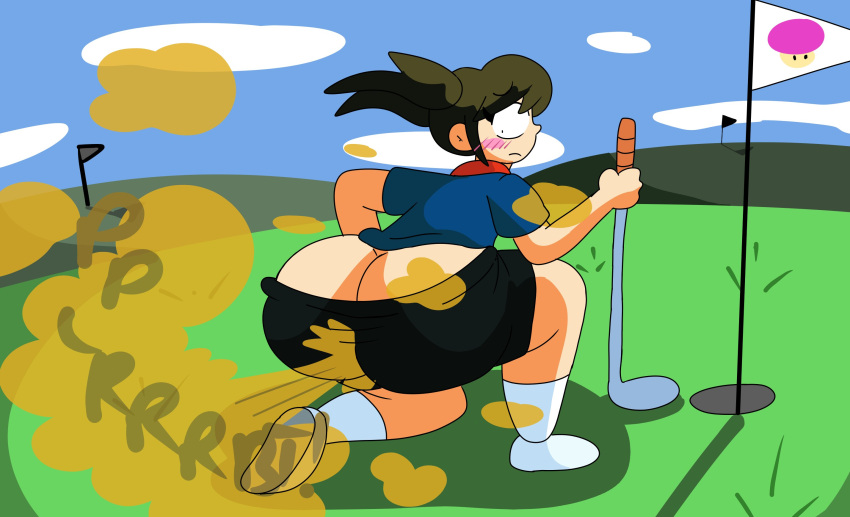 1girls ass_cleavage big_butt brappycatty butt_crack embarrassed fart fart_cloud fart_fetish farting female female_only full_body full_of_gas looking_back loud_fart mario_(series) mario_golf nintendo outdoors plum_(mario) shart shorts sky solo tight_shorts yoshizilla