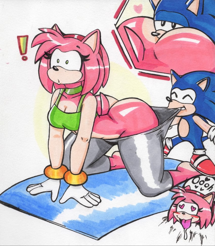 all_fours amy_rose anthro anthro_on_anthro ass big_butt bottomwear bottomwear_pull breasts cleavage clothed clothing clothing_pull eulipotyphlan female hedgehog hi_res male male/female mammal oral pants pants_pull sega sonic_(series) sonic_the_hedgehog sonic_the_hedgehog_(series) vampiricpig