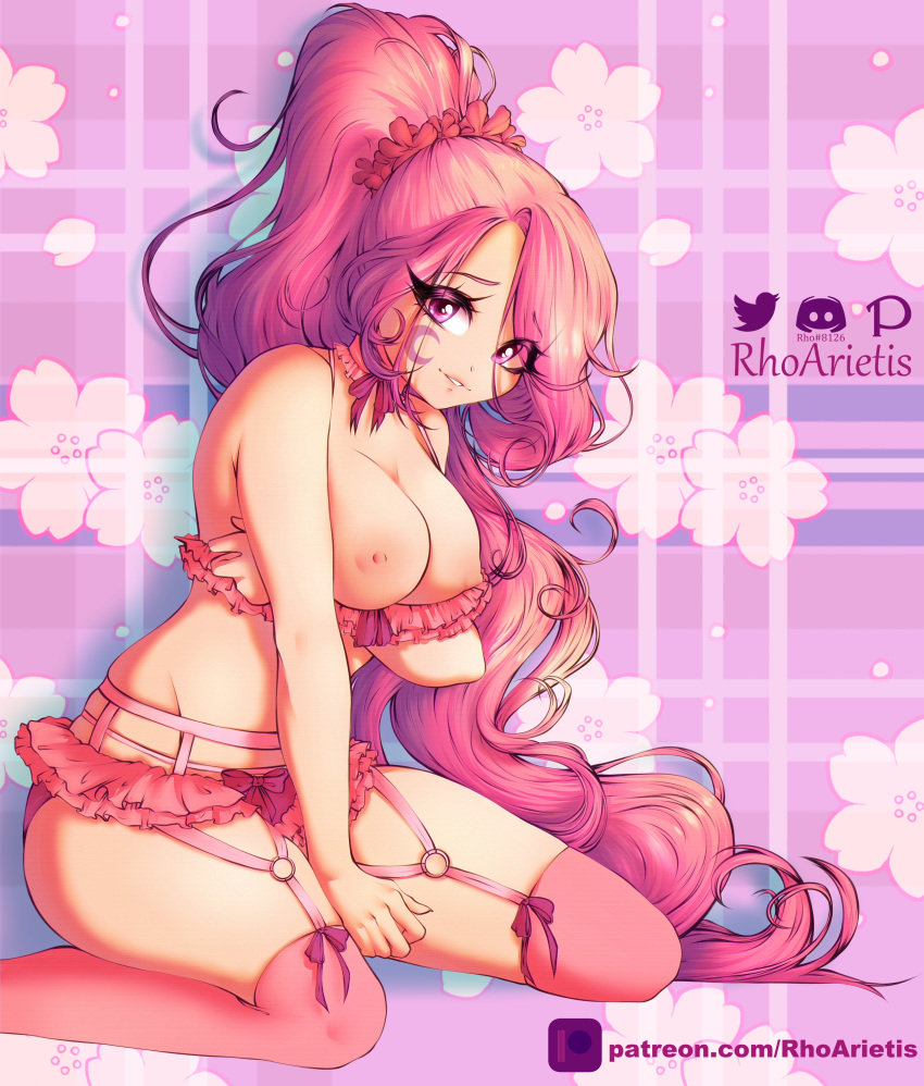 1girls absurdres arm_under_breasts bow bow_legwear breasts breasts_outside celena_the_shy choker crescent discord_(app) facial_mark female frilled_choker frills garter_straps garterbelt highres long_hair looking_at_viewer microskirt nipples o-ring patreon_username pink_eyes pink_hair pink_legwear ponytail rhoarietis ribbon skirt smile solo star_vs_the_forces_of_evil thighhighs very_long_hair wariza