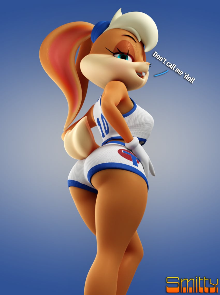 3d 3d_(artwork) anthro ass big_ass blender_(software) breasts bunny_ears bunny_girl dialogue english_text female fur furry furry_only hi_res lola_bunny looking_at_viewer looking_back looney_tunes low-angle_view rabbit smitty34 solo tagme tail text