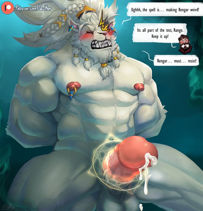 1boy abs anthro arms_behind_back balls bara biceps big_balls big_penis blush bodily_fluids bound cum duo eyes_closed felid furry genital_fluids genitals heavy_balls hi_res human humanoid league_of_legends lion looking_pleasured malcolm_graves male male_only mammal masturbation milking muscular muscular_male nipple_piercing nipple_ring nipples offscreen_character offscreen_male pantherine pecs penis penis_milking piercing rengar riot_games sentinel_graves sentinel_rengar squatting the_ruined_king_saga vastaya vein veiny_penis video_games white_fur wulfer-shepherd