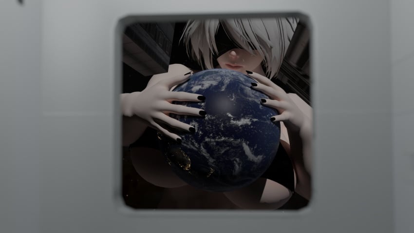 1girls 3d big_breasts blindfold breasts earth female female_only giantess huge_breasts ilikebigmikus light-skinned_female light_skin macro nier nier:_automata nude nude_female planet solo solo_female white_hair yorha_2b