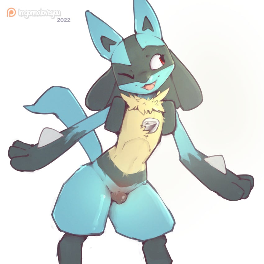 animal_genitalia animal_pussy anthro blue_body canine_pussy female genitals happy hi_res imgonnaloveyou lucario nintendo one_eye_closed pokemon pokemon_(species) pussy simple_background smile solo video_games