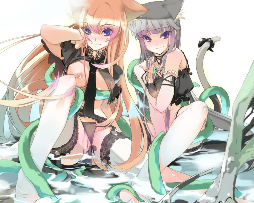 2girls animal_ears bikini bikini_bottom breasts breasts_out catgirl consensual_tentacles crop_top female_only implied_penetration maruku multiple_girls panties pussy pussy_peek tank_top tentacles tentacles_under_clothes thighhighs uncensored underwear water