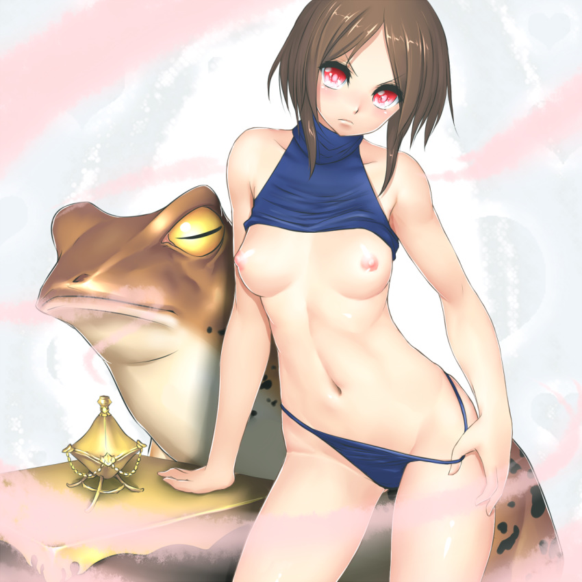 alluring_rider bare_shoulders breasts brown_hair female final_fantasy final_fantasy_v final_fantasy_vi flat_chest frog hair highres kodoku_funtou lamp long_hair midriff monster monster_girl navel nipples panties panty_pull red_eyes shirt_lift short_hair small_breasts solo tetsuwan underwear