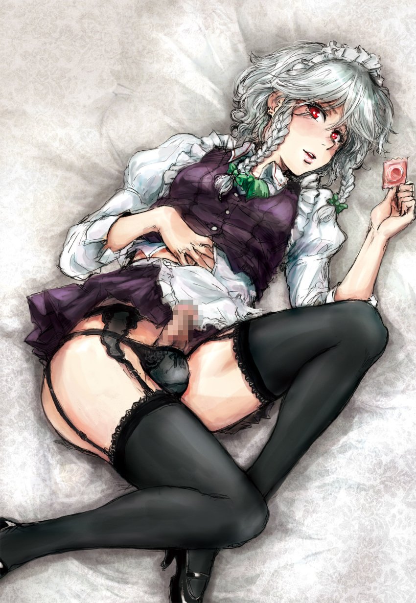 1futa ball_bulge balls balls_in_panties balls_under_clothes black_legwear black_thighhighs braid breasts censored condom cosplay dickgirl erection erection_under_clothes erection_under_skirt face futa_only futanari garter_belt highres intersex lips mosaic_censoring osakana_(denpa_yun'yun) panties panty_bulge penis penis_out penis_under_clothes penis_under_skirt sakuya_izayoi sakuya_izayoi_(cosplay) skirt skirt_lift small_breasts small_penis solo thighhighs touhou twin_braids underwear